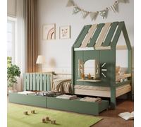MODFU Lit Enfant 90x200 cm - Lit Simple Avec Toit Et Fenêtres, Rangement Intégré, Pin Et MDF, Sans Matelas - Vert