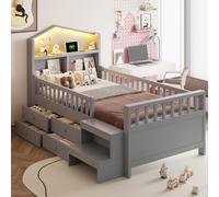MODFU Lit Enfant 90x200 en Bois Massif avec 4 Tiroirs, Marches Sécurisées, Éclairage LED et Ports USB Intégrés - Gris - Sans Matelas
