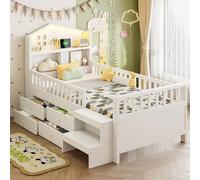 MODFU Lit Enfant 90x200 en Bois Massif avec Marches Sécurisées, 4 Tiroirs, Éclairage LED et Ports USB Pratiques - Blanc - Sans Matelas
