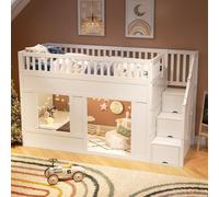 MODFU Lit enfant 90x200 lit superposé avec escalier de rangement, lit junior avec espace de jeu modulable en dessous, sans matelas, blanc