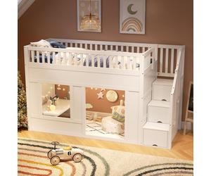 MODFU Lit enfant 90x200 lit superposé avec escalier de rangement, lit junior avec espace de jeu modulable en dessous, sans matelas, blanc