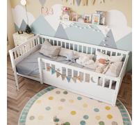MODFU Lit Enfant Bois 90x190 - Lit Simple avec Barrière de Sécurité et Motif Étoile et Lune - Bois Massif - Blanc - Sans Matelas