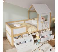 MODFU Lit Enfant Cabane 90x200 cm - Lit Mi-Hauteur avec Barrières et Tiroirs de Rangement, Pin Blanc et Naturel - Sans Matelas