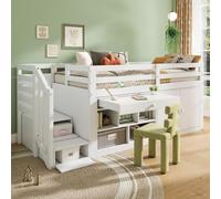 MODFU Lit Enfant Mezzanine 90x200 - Lit Combiné avec Escalier et Rangement Intégré - Tiroirs et Armoire de Rangement - MDF - Blanc