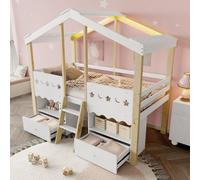MODFU Lit enfant mi-hauteur 90x200 cm - Lit Cabane avec Rangements Pratiques et LED - Sans Matelas - Bois MDF et Pin - Blanc et Bois Clair