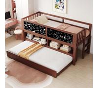 MODFU Lit Gigogne 90x200 cm Avec Lit Escamotable, Tableau Noir Latéral Et Étagères Ouvertes - Sans Matelas - Bois Marron