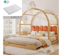 MODFU Lit Gigogne Enfant 140x200 cm - Lit Cabane avec Toit Arqué et Matelas Inclus - Pin Massif - Naturel