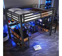 MODFU Lit métallique 140x200 Lit surélevé avec escalier avec espace de rangement,cadre de lit lit simple avec compartiment de rangement,rampe de sécurité et bureau,sans matelas,noir