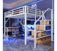 MODFU Lit métallique 140x200 Lit surélevé avec escalier avec espace de rangement,cadre de lit lit simple avec compartiment de rangement,rampe de sécurité et bureau,sans matelas,blanc