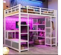 MODFU Lit métallique 140x200 Lit surélevé avec espace de rangement et armoire ouverte,Lit simple avec prise USB,Cadre de lit avec éclairage LED,sans matelas,Blanc