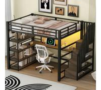 MODFU Lit métallique 140x200 Lit surélevé avec rangements et lumière LED,Cadre de lit Lit d'enfant avec bureau intégré et station de chargement USB,sans matelas,Noir