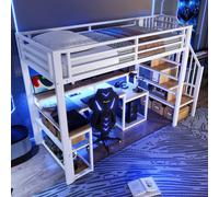 MODFU Lit métallique 90x200 Lit surélevé avec escalier avec espace de rangement,cadre de lit lit simple avec compartiment de rangement,rampe de sécurité et bureau,sans matelas,blanc