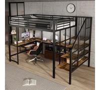 MODFU Lit Mezzanine 120x200 cm - Lit Adulte Métal avec Escalier Sécurisé et Bureau Fonctionnel - Sans Matelas - Fer + MDF - Noir