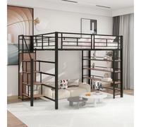 MODFU Lit Mezzanine 140 x 200 cm - Lit Double Avec Escalier Sécurisé Et Rangement Intégré, Design Compact, MDF Et Métal, Sans Matelas, Noir