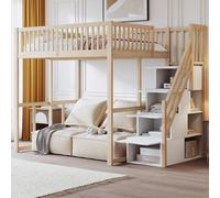 MODFU Lit Mezzanine 140x200 Bois Massif avec Barrières et Escalier Multifonction, Rangement Pratique et Espace Supérieur Sécurisé - Couleur Bois Naturel - Sans Matelas