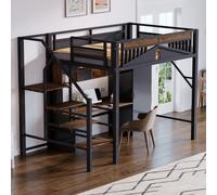 MODFU Lit Mezzanine 140x200 cm - Avec Barrières de Sécurité et Échelle, Lit Simple Fonctionnel, Sans Matelas, Métal et Bois, Noir