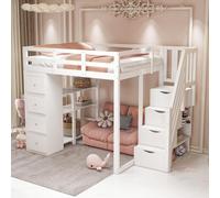 MODFU Lit Mezzanine 140x200 cm - Lit Ado avec Rangement Intégré, Tiroirs et Étagères - Bois Massif + MDF - Sans Matelas - Blanc
