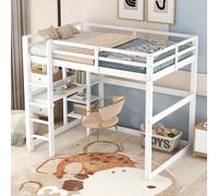 MODFU Lit Mezzanine 140x200 cm - Lit Avec Bureau Intégré Et Rangements Pour Enfant, Lit Combiné Bois Naturel, Cadre Solide, Sans Matelas, Blanc