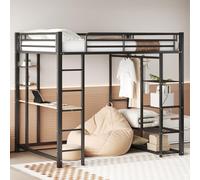 MODFU Lit Mezzanine 140x200 cm - Lit Double avec Bureau et Échelle Sécurisée - Sans Matelas - Structure Métal et MDF - Noir