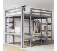 MODFU Lit Mezzanine 140x200 cm - Lit Double avec Bureau et Rangement Intégré, Échelle Sécurisée, Pin et MDF, Sans Matelas - Gris