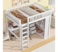 MODFU Lit Mezzanine 140x200 cm - Lit Double en Bois avec Bureau et Escalier de Rangement - Armoire Intégrée - Blanc - Sans Matelas