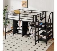 MODFU Lit Mezzanine 140x200 cm - Lit Double en Métal et MDF avec Bureau et Rangement - Escalier Intégré - Sans Matelas - Noir