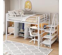 MODFU Lit Mezzanine 140x200 cm - Lit Double Métal et MDF avec Bureau, Armoire et Escalier de Rangement - Sans Matelas - Blanc