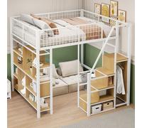MODFU Lit Mezzanine 140x200 cm - Lit Mezzanine Adulte/Ado avec Tiroirs et Escalier, Rangement Pratique, Métal + MDF + Contreplaqué - Blanc