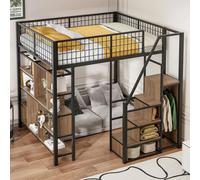 MODFU Lit Mezzanine 140x200 cm - Lit Mezzanine Adulte/Ado avec Tiroirs et Escalier, Rangement Pratique, Métal + MDF + Contreplaqué - Noir