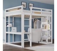 MODFU Lit Mezzanine 140x200 cm - Lit Simple avec Bureau et Espace de Rangement, Échelle Sécurisée, Pin et MDF, Sans Matelas - Blanc