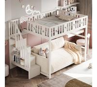 MODFU Lit Mezzanine 140x200 cm - Lit Simple avec Sécurité et Escalier Intégré, Décoration Lune et Étoiles, Pin et MDF, Sans Matelas, Blanc