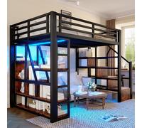 MODFU Lit Mezzanine 140x200 cm pour Ado en Métal Noir avec Échelle Sécurisée et Rangements, LED Intégrée, Sans Matelas