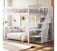 MODFU Lit Mezzanine 140x200 en Bois avec Escalier Multifonction et Barrières de Sécurité, Rangement Pratique et Design Compact - Blanc - Sans Matelas