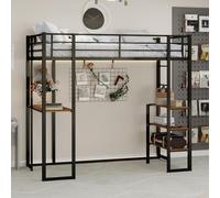 MODFU Lit mezzanine 90×200 Lit à cadre métallique avec lit et table,Lit à cadre en fer sans matelas avec bureau en forme de L,Lit métallique avec rampe et escalier,Noir