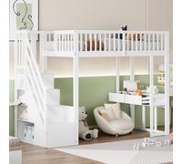 MODFU Lit mezzanine 90x200 avec table multifonction&escalier de rangement,lit enfant avec protection anti-chute,lit en bois massif,sans matelas,blanc