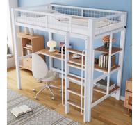 MODFU Lit Mezzanine 90x200 cm - Avec Bureau Fonctionnel et Étagères de Rangement, Barrière Sécurité Incluse - Sans Matelas - Métal MDF - Blanc + Naturel