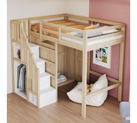MODFU Lit Mezzanine 90x200 cm avec Échelle et Armoire Intégrée, Zone Inférieure Modulable pour Enfant, Bois Massif - Naturel - Sans Matelas