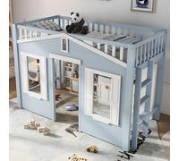 MODFU Lit Mezzanine 90x200 cm Enfant - Avec Fenêtre et Échelle Latérale - Structure Pin et MDF - Gain de Place - Bleu+Blanc