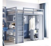 MODFU Lit Mezzanine 90x200 cm, Lit Ado avec Rangement, Étagères et Chariot Mobile, Bois Gris