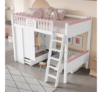 MODFU Lit Mezzanine 90x200 cm - Lit avec Dressing Intégré, Bande LED Télécommandée et Espace de Rangement Fermé, Sans Matelas, Bois Massif et MDF, Blanc