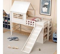 MODFU Lit Mezzanine 90x200 cm - Lit avec Rangement Intégré et Toboggan Amusant, Sans Matelas, Bois Massif, Blanc