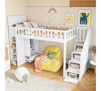 MODFU Lit Mezzanine 90x200 cm - Lit Avec Rangement Intégré Pour Enfant, Lit Combiné Avec Échelle, Cadre Bois Solide, Sans Matelas, Blanc