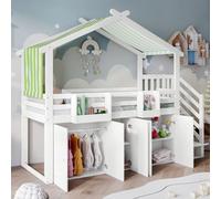 MODFU Lit Mezzanine 90x200 cm - Lit Combiné Avec Barrière De Sécurité, Escalier Avec Casiers Et Armoire, Toit Original, Pin + MDF + Contreplaqué, Sans Matelas, Blanc Et Vert