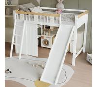 MODFU Lit mezzanine 90x200 cm - Lit Combiné Enfant avec Toboggan, Rangement et Barrière de Sécurité - Sans Matelas - Pin MDF Blanc + Nature