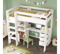 MODFU Lit mezzanine 90x200 cm - Lit enfant ado avec bureau intégré et tiroirs, escalier sécurisé, multifonction - Blanc Sans Matelas