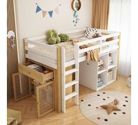 MODFU Lit Mezzanine 90x200 cm - Lit Enfant avec 2 Placards et Étagères de Rangement - Sans Matelas - Bois Massif + MDF - Blanc + Nature