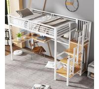 MODFU Lit Mezzanine 90x200 cm - Lit Enfant Avec Bureau Et Armoire Intégrée, Échelle Latérale En Métal, Sans Matelas, Blanc