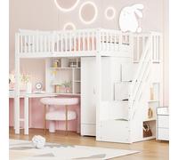 MODFU Lit Mezzanine 90x200 cm - Lit Enfant avec Bureau et Armoire, Rangements Pratiques, Design Moderne, Bois MDF et Sapin, Blanc