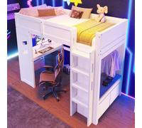 MODFU Lit Mezzanine 90x200 cm - Lit Enfant avec Bureau et Échelle - Rangement Pratique Intégré - Bois Massif + MDF - Blanc - Sans Matelas