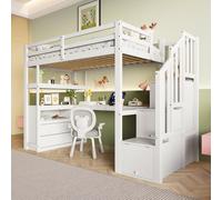 MODFU Lit Mezzanine 90x200 cm - Lit Enfant avec Bureau Intégré et Rangements - Bois Massif - Sans Matelas - Blanc